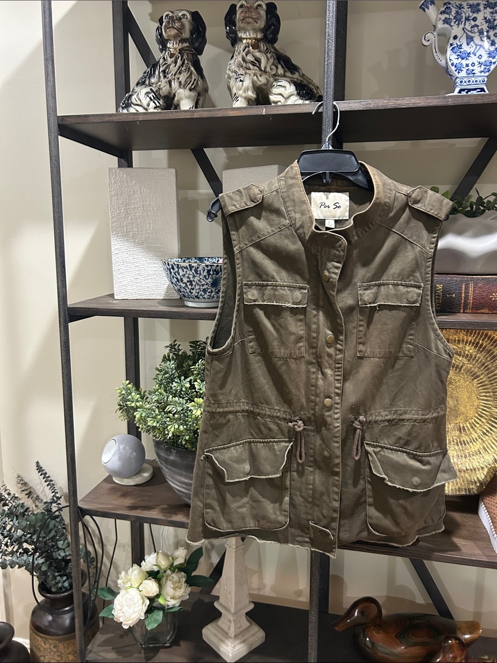 Per se Olive Utility Vest - Women's Sleeveless Cargo Jacket large